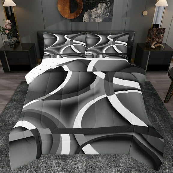Manfei Retro Striped Pattern Full Size Comforter Sets,Modern Abstract Geometric Bedding Comforter Set,Gray White Bedding Sets For Teens,Luxury Bedroom Decor Reversible,3 Pieces