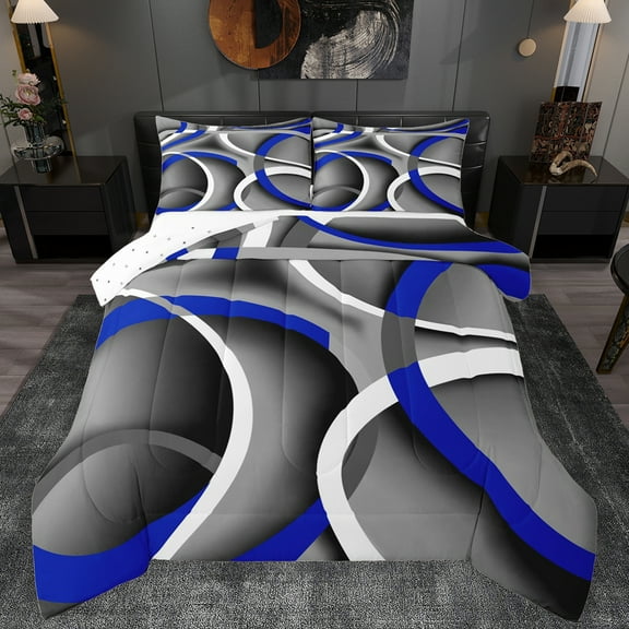 Manfei Retro Striped Pattern Queen Comforter Set,Modern Abstract Geometric Bedding Sets,Gblue White Gray Bedding Comforter Set For Teens,Luxury Bedroom Decor Reversible,3 Pieces