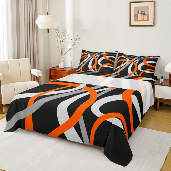 Manfei Retro Stripes 4-Piece Full Size Sheets for Teens Boys Girls,Black Grey Orange Bed Sheets,Geometric Lines Lightweight Sheet Sets,Lightweight Room Decor