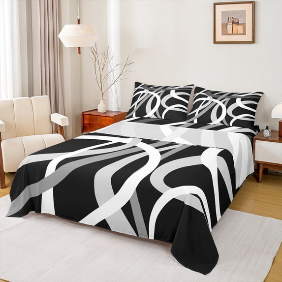 Manfei Retro Stripes 4 Pieces Queen Sheet Sets for Teens Boys Girls,Black White Grey Ultra Soft Flat Sheet,Geometric Lines Queen Fitted Sheet,Lightweight Room Decor