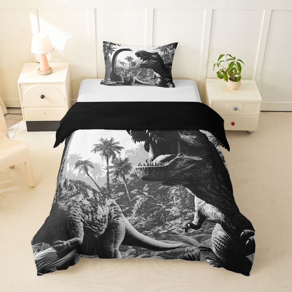Manfei Retro T-Rex Twin Duvet Cover,Wild Dinosaur Animals Twin Bedding,Gray Black,Black Reversible,1 Duvet Cover and 1 Pillowcase