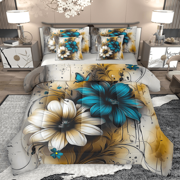 Manfei Retro Teal Flower Bedding Comforter Set 7pcs for Girls, Watercolor Floral, Gold Gray Ombre Bed Sheets, Lightweight Room Decor