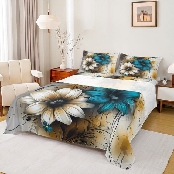 Manfei Retro Teal Flower Twin Sheet Sets 3pcs for Girls, Watercolor Floral, Gold Gray Ombre Flat Sheet, Lightweight Room Decor