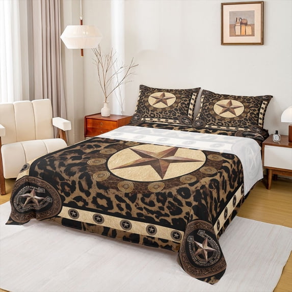 Manfei Retro Texas Star 4pcs Bed Sheets for Female Men,Animal Leopard Print King Sheets,Vintage Aesthetics Super Cozy Sheet Set,Luxury Bedroom Decor