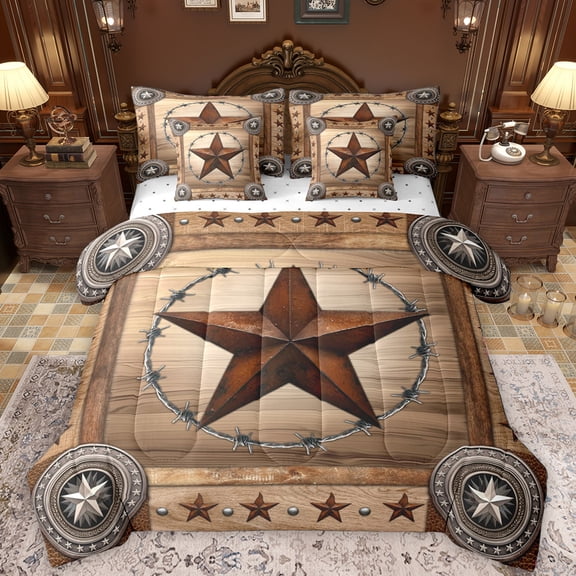 Manfei Retro Texas Stars 7-Piece Bedding Comforter Set,Rustic Western Farmhouse King Bedding Sets,Old Barn Door Bed Sheets For Men Women,Microfiber Bedroom Decor