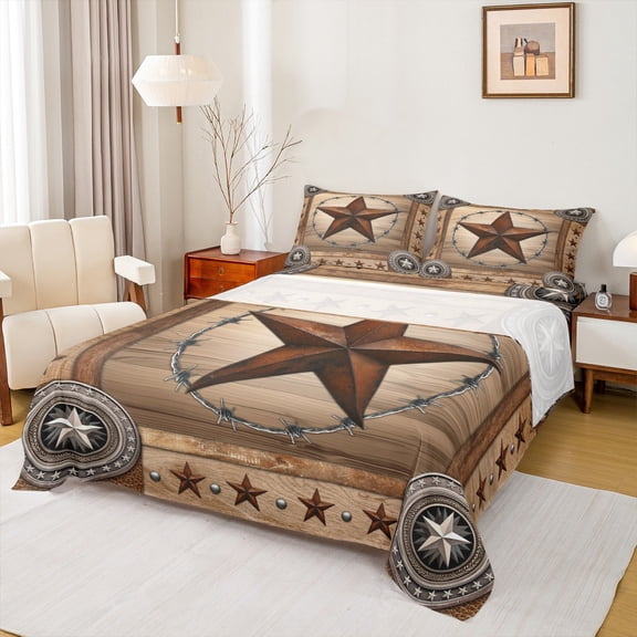 Manfei Retro Texas Stars Twin Sheet Sets,Rustic Western Farmhouse Twin Fitted Sheet,Old Barn Door Flat Sheet For Men Women,Microfiber Bedroom Decor,3-Piece