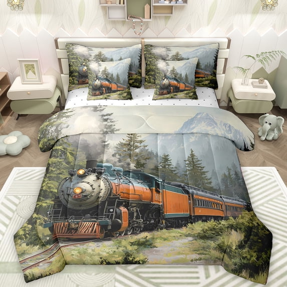 Manfei Retro Train 7 Pieces Bedding Comforter Set,Western Steam Engine Full Bedding Set,Green Plant Tree Fitted Sheet Flat Sheet For Kids,Breathable Home Decor Reversible