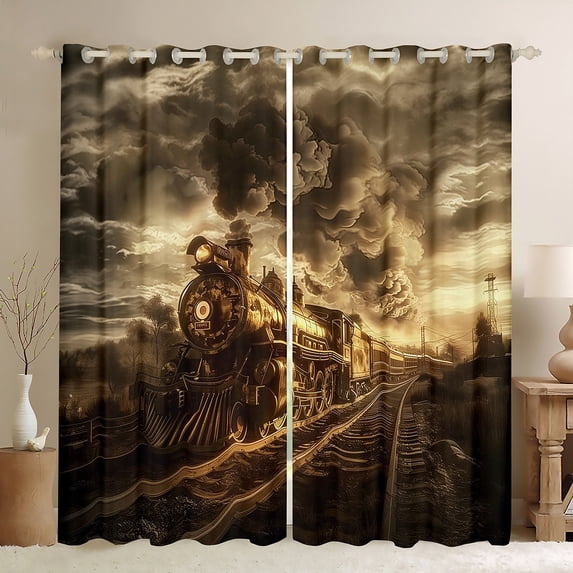 Manfei Retro Train Black Out Curtains,Rustic Western Curtains Pack of 2 (42x63 Each),Biege Brown Bedroom Curtains For Kids Teens,Super Cozy Room Decor