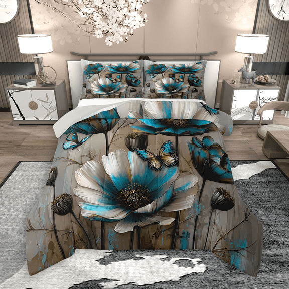 Manfei Retro Turqoise Flower Bedding Comforter Set 2pcs for Girls, Watercolor Floral, Gray Ombre Bedding Set, Microfiber Bedroom Decor