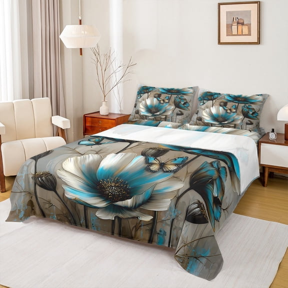 Manfei Retro Turqoise Flower Twin Sheet Sets 3pcs for Girls, Watercolor Floral, Gray Ombre Flat Sheet, Microfiber Bedroom Decor