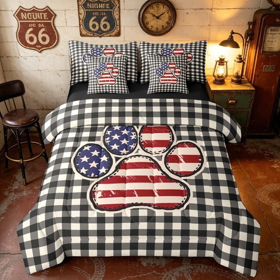Manfei Retro US Flag Paw Twin Bedding, Buffalo Plaid Bedding Comforter Set, Red Black White, Black Reversible 7-Piece