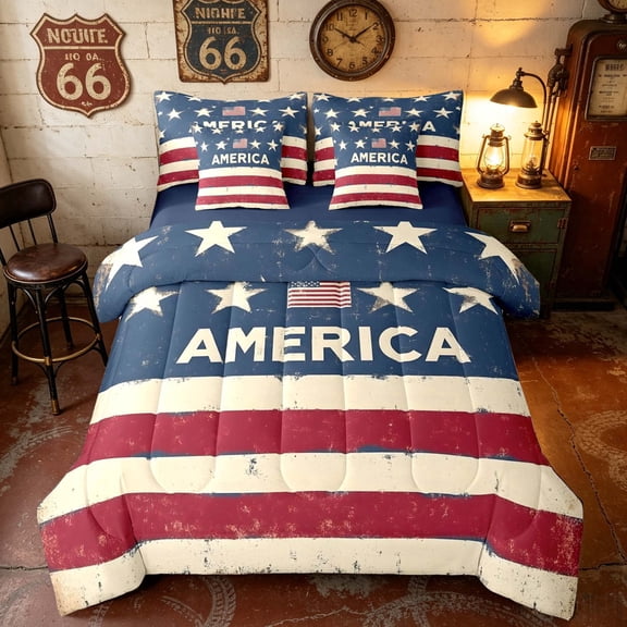 Manfei Retro USA Flag Twin Bedding, Patriotic America Printed Bedding Comforter Set, Navy Red White, Navy Reversible 7 Pieces
