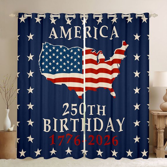 Manfei Retro USA Map Kitchen Curtains, Patriotic 250th Birthday Black Out Curtains Pack of 2 (42x63 Each), Red White Blue Beige