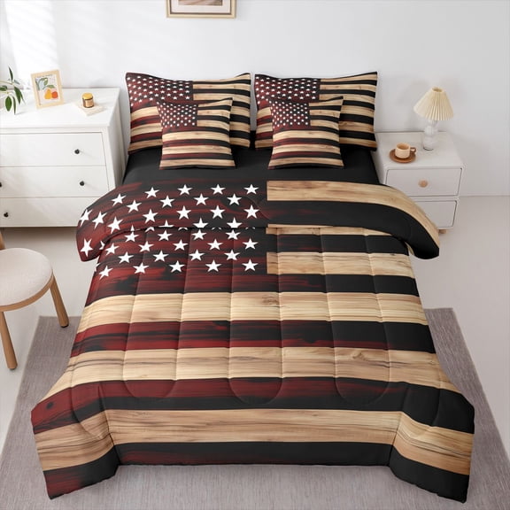 Manfei Retro Usa Flag 7-Piece Twin Bedding,Vintage Farmhouse Bedding Comforter Set,Red Brown,Black Reversible