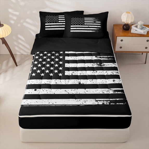 Manfei Retro Usa Flag Zipper Full Size Comforter Sets with Fitted Sheet and 2 Pillowcases,Classic Patriotic Theme Zipper Bedding Set,Black White,Black Reversible,4pcs