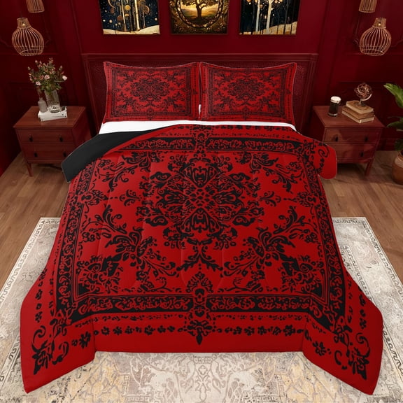 Manfei Retro Victorian Floral Full Size Comforter Sets,Vintage Damsk Bedding Comforter Set,Red Black Bedding Sets For Men Women,Super Cozy Room Decor Reversible,3 Pieces