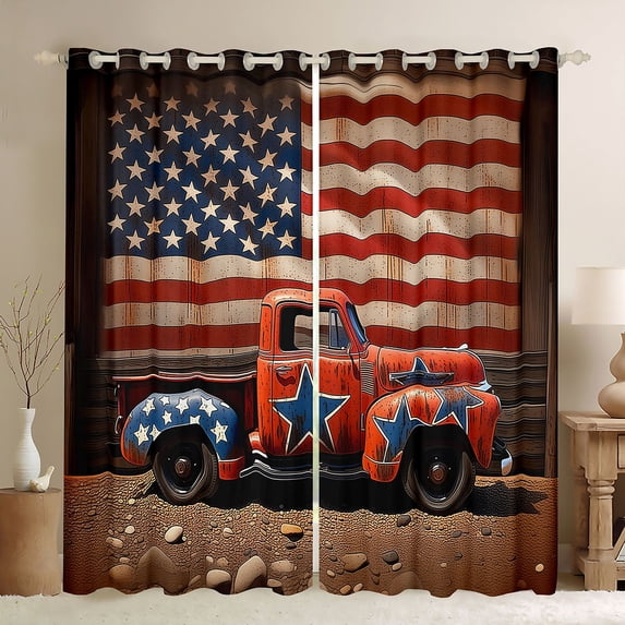 Manfei Retro Vintage Truck Kitchen Curtains, American Flag Black Out Curtains Pack of 2 (42x63 Each), Red Blue Brown