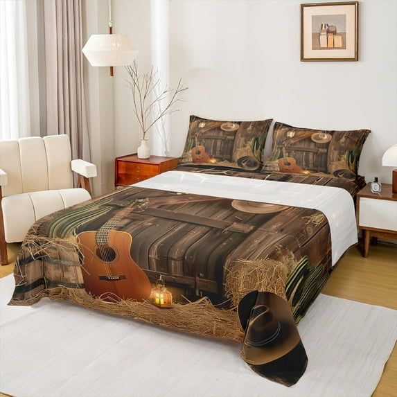 Manfei Retro Western Cowboy 4-Piece Full Size Sheets for Boys Girls,Music Guitar Bed Sheets,Old Barn Door Lightweight Sheet Sets,Ultra Soft Home Decor