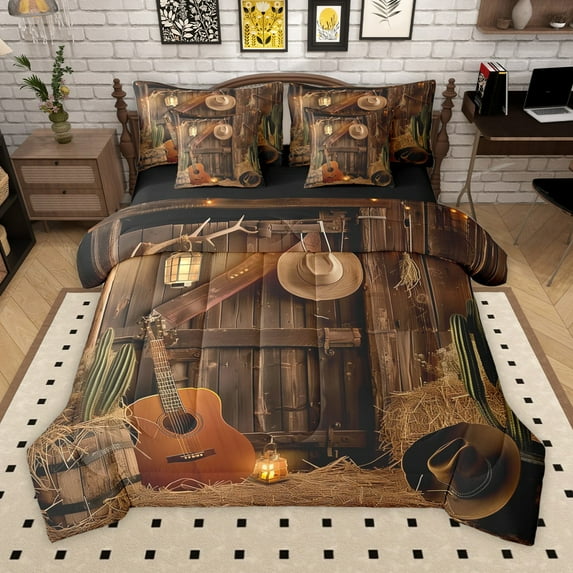 Manfei Retro Western Cowboy 7pcs Bedding Comforter Set for Boys Girls,Music Guitar Queen Bedding Sets Super Cozy,Old Barn Door Queen Sheet Sets,Ultra Soft Home Decor,Reversible