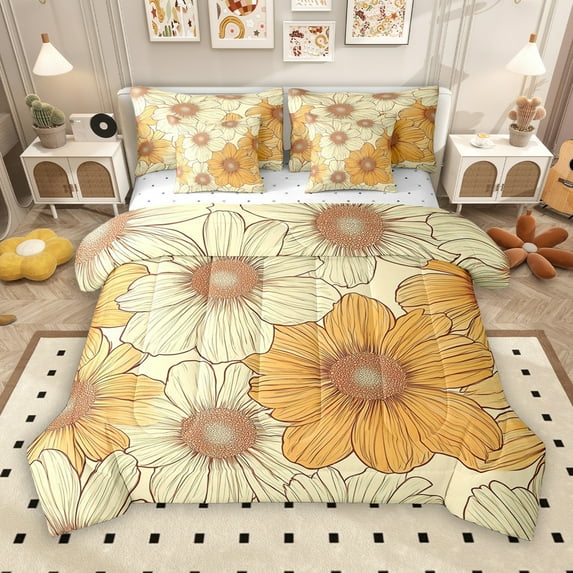 Manfei Retro Western Flower 7pcs Bedding Comforter Set for Female, Orange Groovy Daisy Floral Queen Bedding Sets, Plant Botanical Reversible Queen Sheet Sets, Microfiber Bedroom Decor