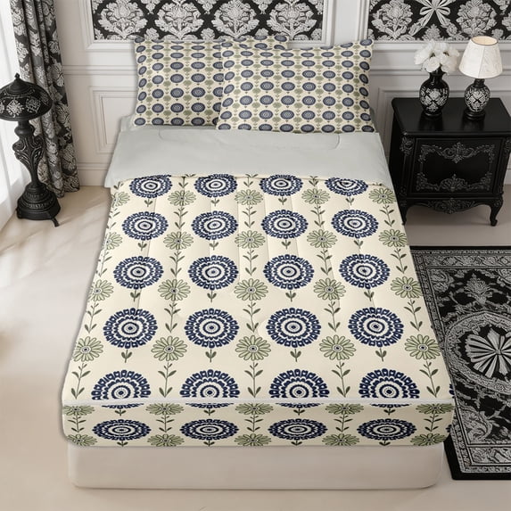 Manfei Retro Wildflower Zipper Queen Comforter Set with Fitted Sheet and 2 Pillowcases,Cottagecore Blossom Zipper Bedding Set,Reversible