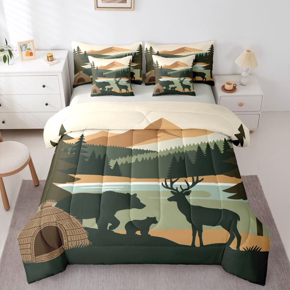 Manfei Retro Wildlife 7-Piece Twin Bedding,Mountain Lake Bedding Comforter Set,Green,Light Gray Reversible