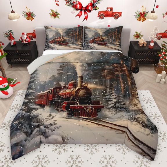 Manfei Retro Winter Train Bedding Comforter Set, Mid Century Steam Engine Twin Comforter Sets, Christmas Jungle Tree Reversible Bedding Set, Breathable Home Decor, 2 Pieces