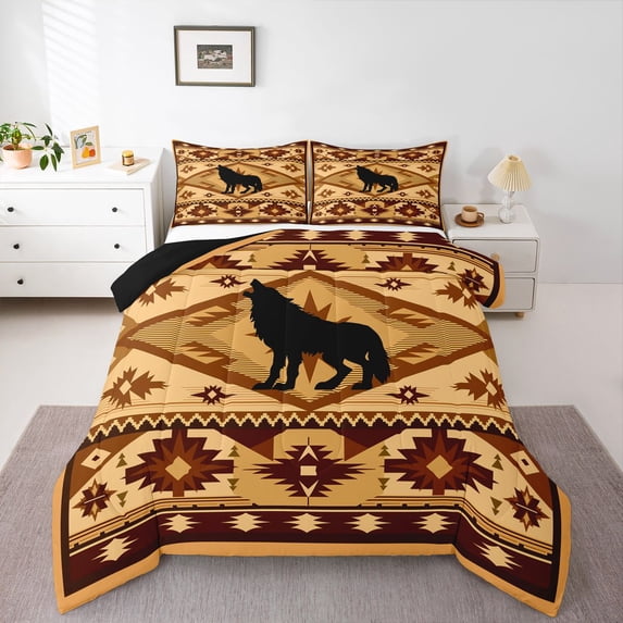 Manfei Retro Wolf Queen Comforter Set,Vintage Check Pine Comforter Sets Queen,Golden,Black Reversible,3-Piece,1 Comforter and 2 Pillowcases