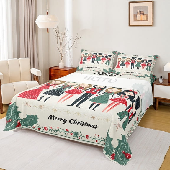 Manfei Retro Xmas Nutcracker Full Size Sheets,Berry Christmas Flower Bed Sheets,Green Red Beige Sheet Sets For Girls Kids,Breathable Home Decor,4-Piece