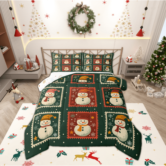 Manfei Retro Xmas Snowman Full Size Comforter Sets,Merry Christmas Bedding Comforter Set,Green Red White Bedding Sets For Girls Boys,Luxury Bedroom Decor Reversible,3-Piece