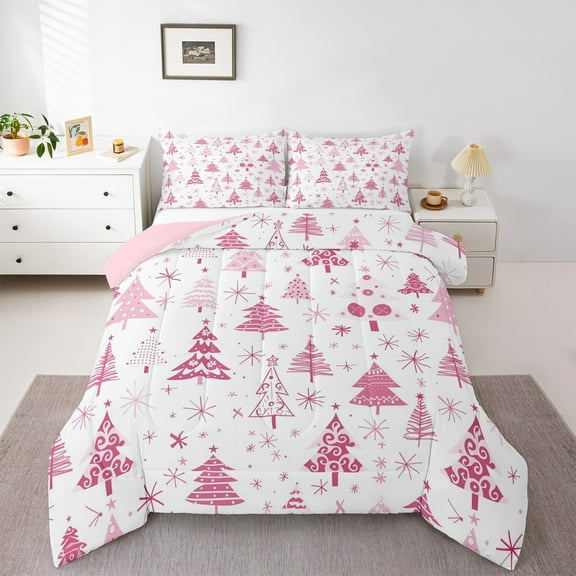 Manfei Retro Xmas Tree Bedding Comforter Set,Merry Christmas Twin Comforter Sets,Pink White Bedding Set For Girls Kids,Super Cozy Room Decor Reversible,2 Pieces
