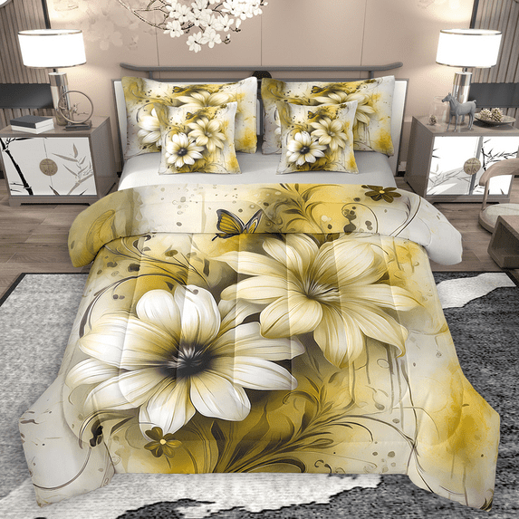 Manfei Retro Yellow Flower Bedding Comforter Set 7pcs for Girls, Watercolor Floral, Gold Gray Ombre Bed Sheets, Super Cozy Room Decor