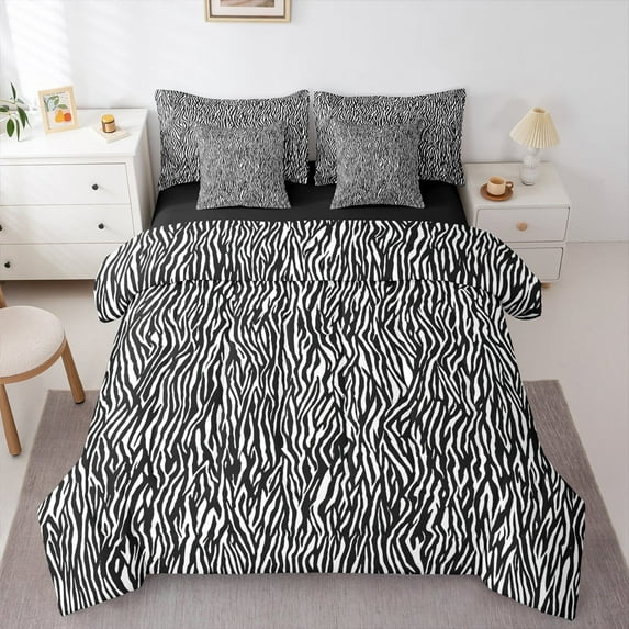 Manfei Retro Zebra Print Bedding Comforter Set 7pcs,Vintage Farmhouse Striped Queen Bedding Sets,White Black Queen Sheet Sets For Girl Boy,Breathable Home Decor Reversible