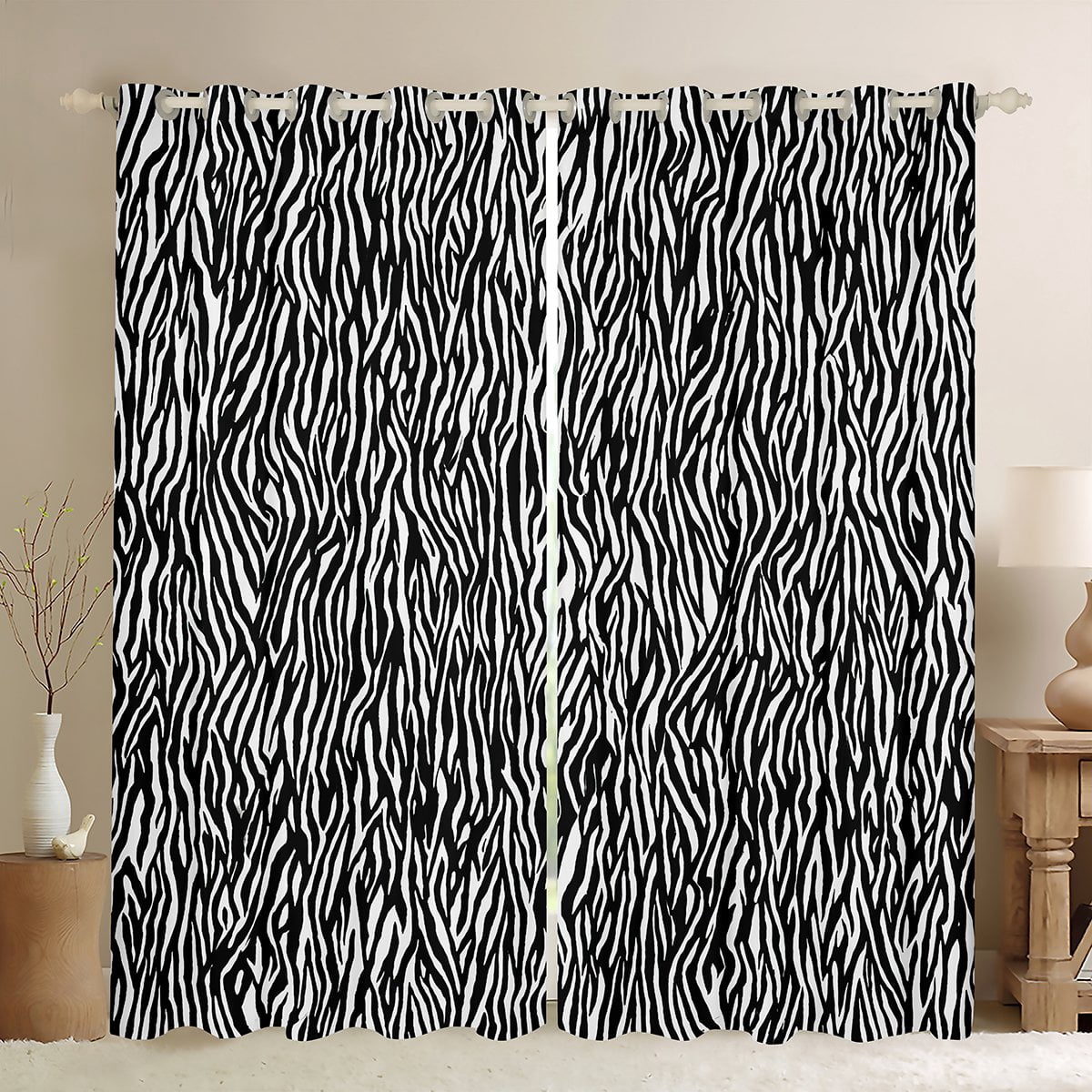 Manfei Retro Zebra Print Blackout Curtains Set of 2 (52x84 Each),Vintage Farmhouse Striped Window Curtains,White Black Curtains and Drapes For Girl Boy,Breathable Home Decor