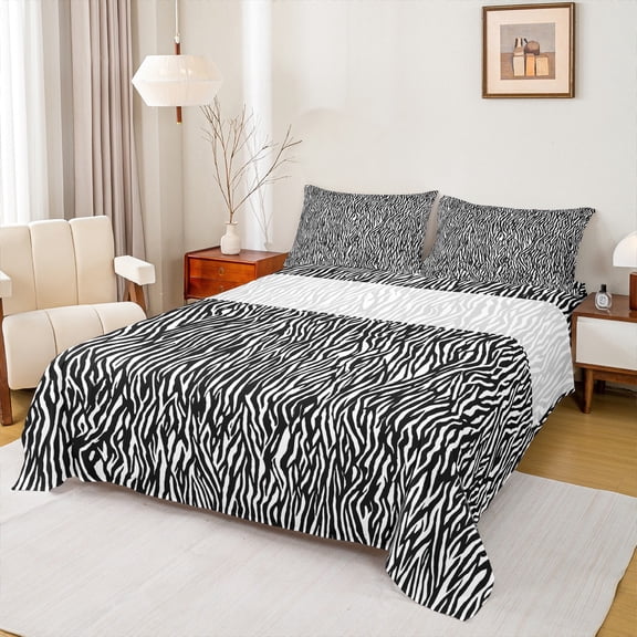 Manfei Retro Zebra Print Queen Sheet Sets,Vintage Farmhouse Striped Flat Sheet,White Black Queen Fitted Sheet For Girl Boy,Breathable Home Decor,4 Pieces