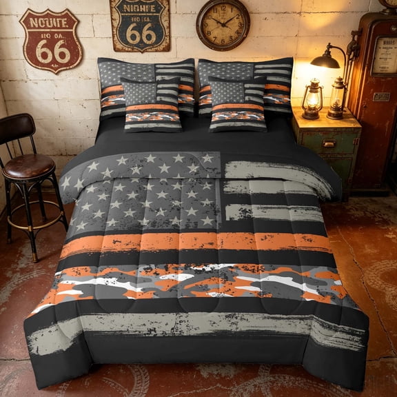 Manfei RetroCamo American Flag Twin Bedding,Fourth of July Bedding Comforter Set, Black Gray Orange, Black Reversible 7pcs