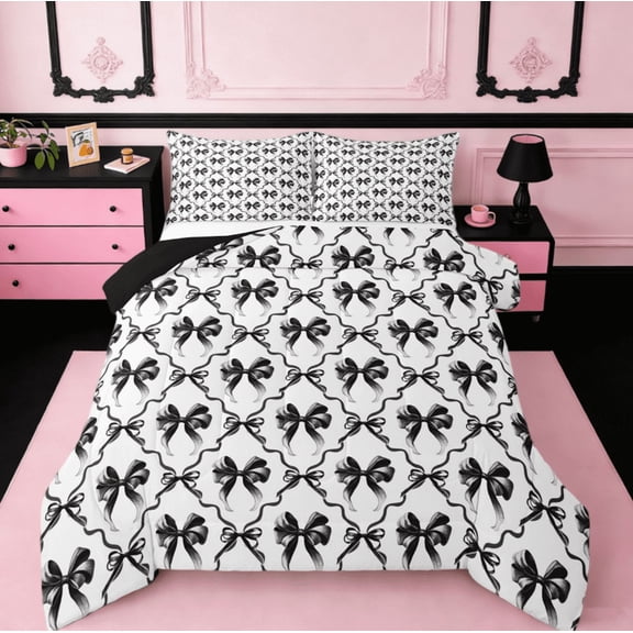 Manfei Ribbon Bow Bowtie Bedding Comforter Set,Stars Loves Print Twin Comforter Sets,White Black Bedding Set For Child,Ultra Soft Home Decor Reversible,2pcs