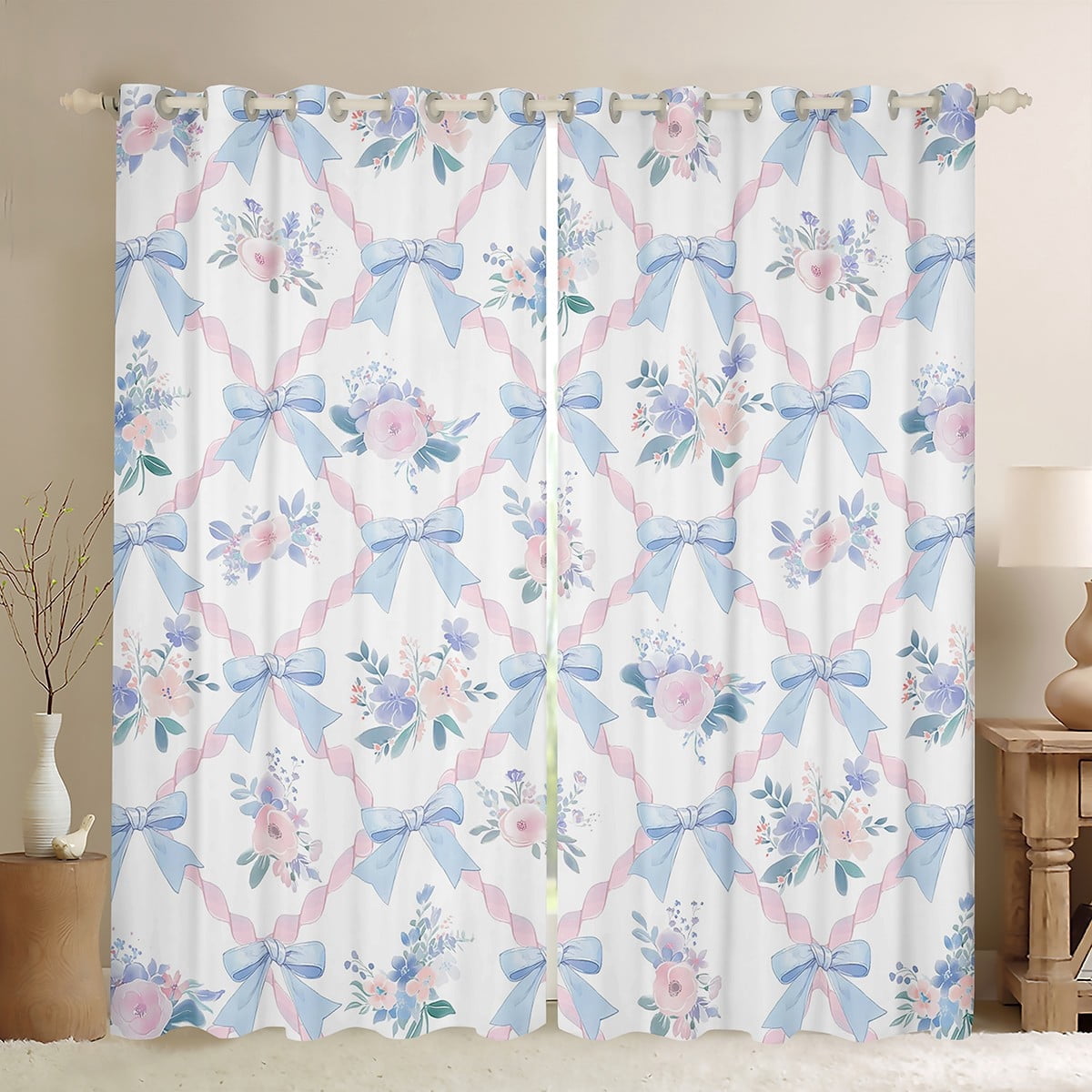 Manfei Ribbon Bow Bowtie Curtains Pack of 2 (42x84 Each),Romantic Flower Floral Curtains Blackout,Pink Blue White Bedroom Curtains For Child,Ultra Soft Home Decor