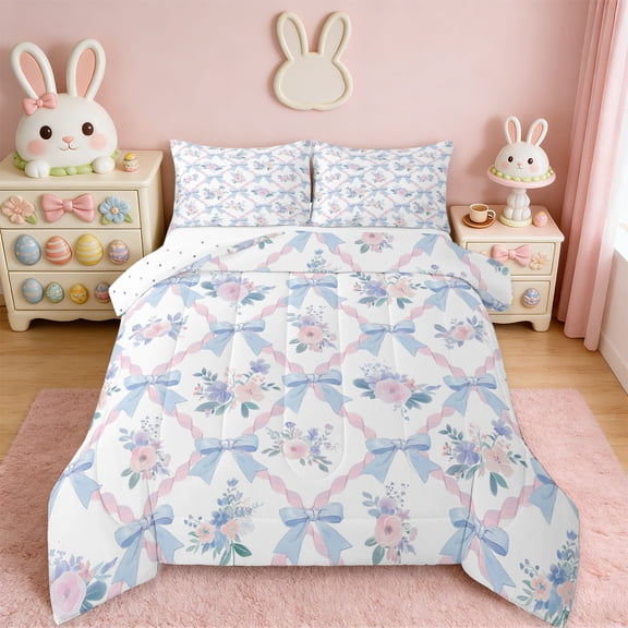 Manfei Ribbon Bow Bowtie Full Size Comforter Sets,Romantic Flower Floral Bedding Comforter Set,Pink Blue White Bedding Sets For Child,Ultra Soft Home Decor Reversible,3-Piece