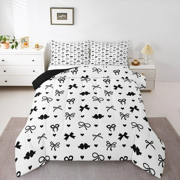Manfei Ribbon Bow Bowtie King Size Comforter Sets,Black Heart Print Bedding Comforter Set,Princess Bowknot Bedding Set For Child,Ultra Soft Home Decor Reversible,3 Pieces