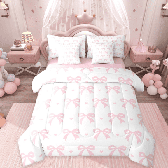 Manfei Ribbon Bow Bowtie Twin Bedding Sets 7-Piece,Pink Loves Print Bedding Comforter Set,Princess Bowknot Sheet Sets For Child,Ultra Soft Home Decor Reversible