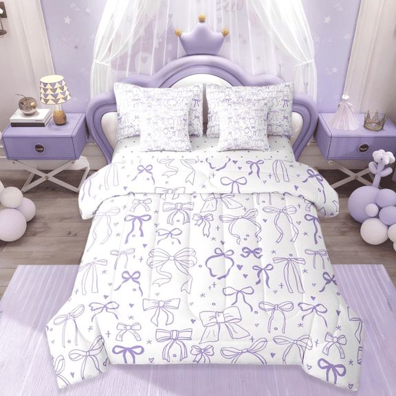 Manfei Ribbon Bow Bowtie Twin Bedding Sets 7-Piece,Stars Loves Print Bedding Comforter Set,Princess Bowknot Sheet Sets For Child,Ultra Soft Home Decor Reversible