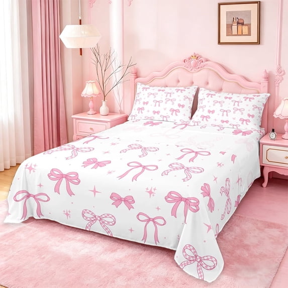 Manfei Ribbon Bow Full Size Sheets For Girls,Pink Coquette Bowknot Print Bed Sheets For Kids,4pcs