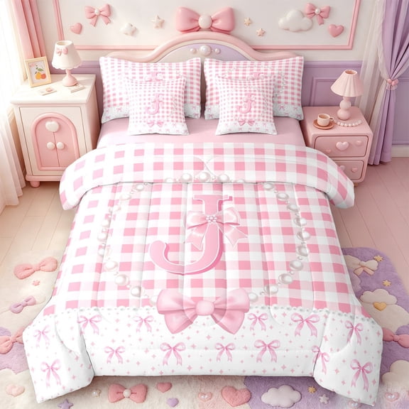 Manfei Ribbon Bow Knot 7-Piece Twin Bedding,Alphabet J Design Bedding Comforter Set,Pink Reversible