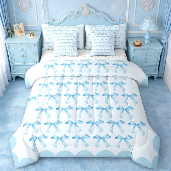 Manfei Ribbon Bow Knot 7 Pieces Bedding Comforter Set,Princess Bowtie Full Bedding Set,Light Blue Fitted Sheet Flat Sheet For Girls Teens,Luxury Bedroom Decor Reversible