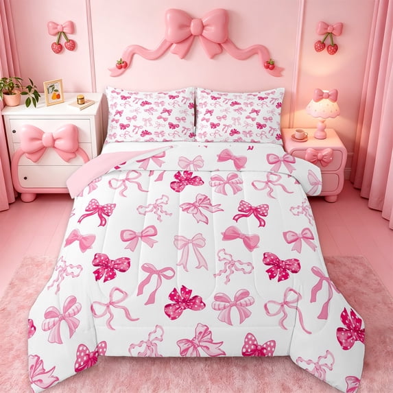Manfei Ribbon Bow Knot Bedding Comforter Set,Girly Kawaii Bowtie Twin Comforter Sets,Rwhite Pink Bedding Set For Girls,Breathable Home Decor Reversible,2-Piece