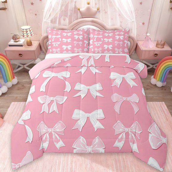 Manfei Ribbon Bow Knot Bedding Comforter Set,Princess Bowtie Twin Comforter Sets,Lightpink White Bedding Set For Teens,Luxury Bedroom Decor Reversible,2pcs