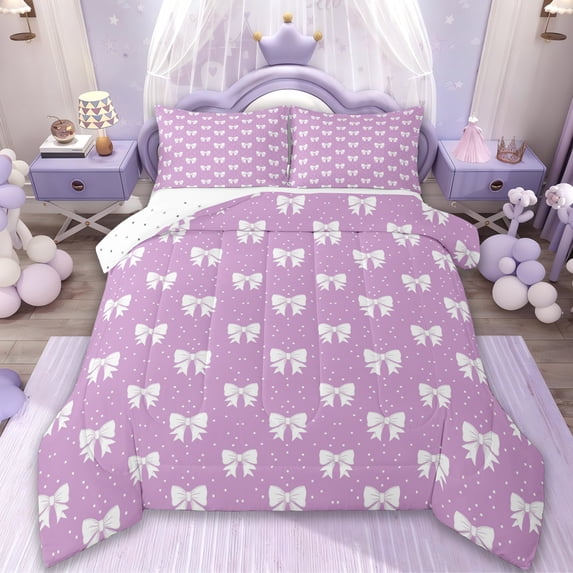 Manfei Ribbon Bow Knot Bedding Comforter Set,Princess Bowtie Twin Comforter Sets,Purple White Bedding Set For Teens,Luxury Bedroom Decor Reversible,2-Piece