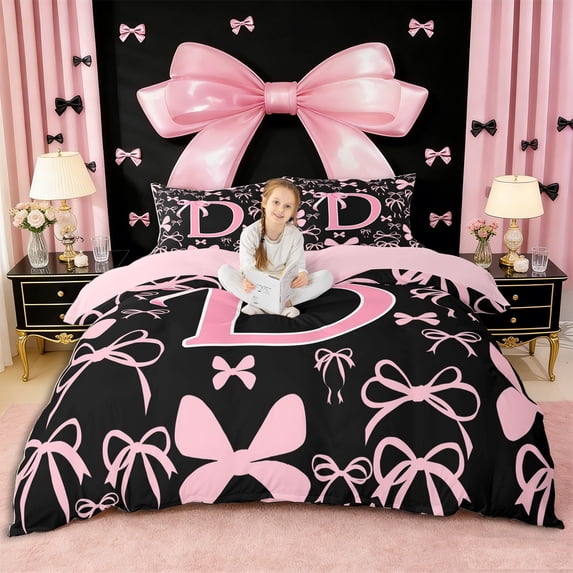 Manfei Ribbon Bow Knot D Personalized Initial Queen Duvet Cover Set,Black Pink Bow Tie Bedding,3 Pieces,No Comforter,Pink Reversible,Ultra Soft Home Decor