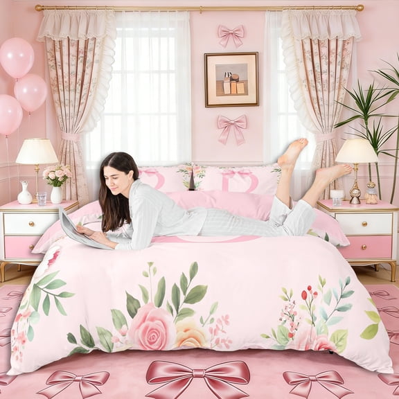Manfei Ribbon Bow Knot D Personalized Initial Queen Duvet Cover Set,Floral Roses Bowtie Alphabet Bedding,3 Pieces,No Comforter,Pink Reversible,Lightweight Room Decor